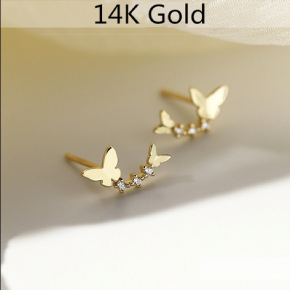 14K GOLD Ultra Delicate Dainty Butterflies Ear Climber Zirco MicroStud E… - Picture 13 of 16